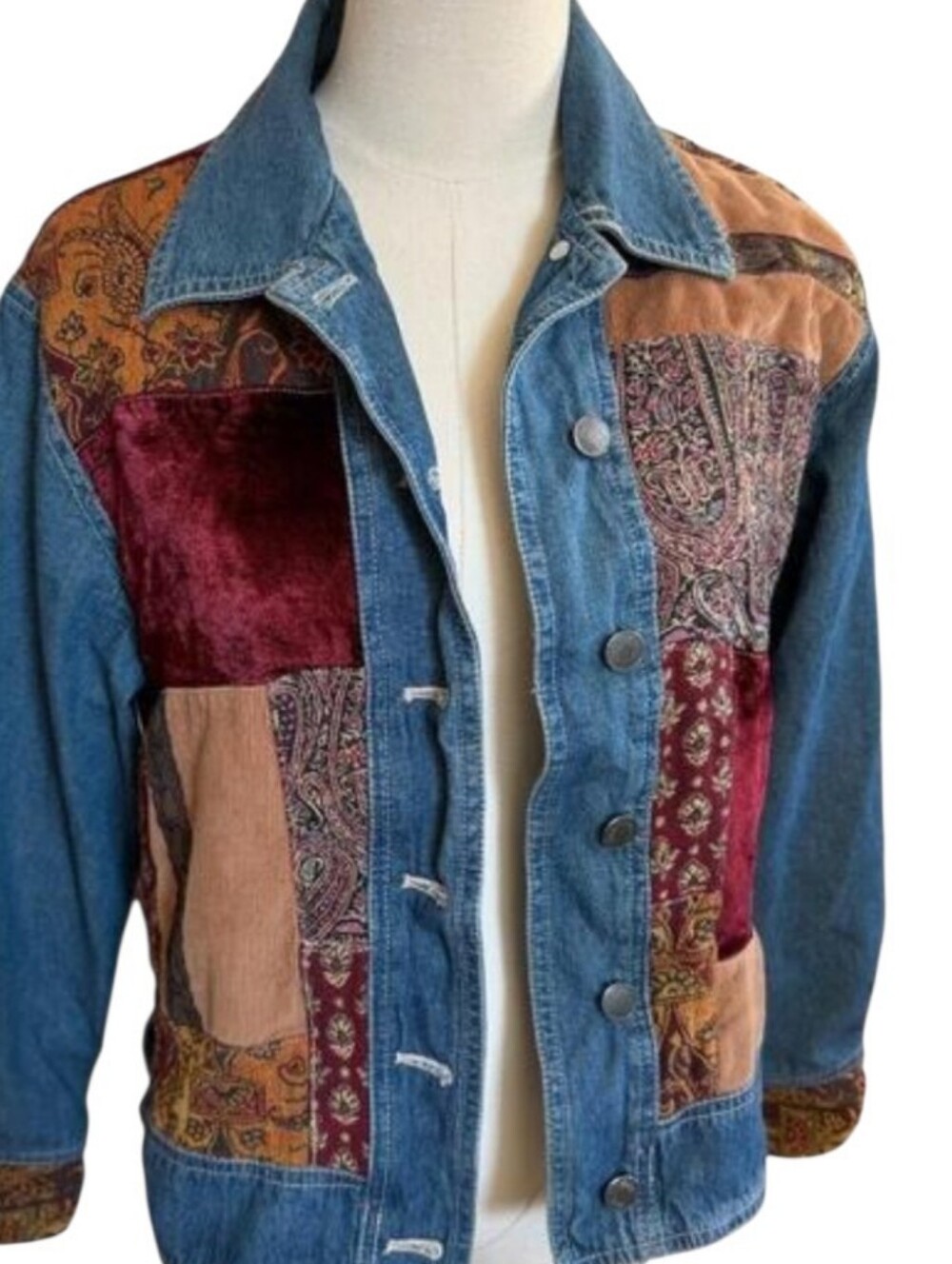 Vintage J Jill Out Of The Blue Patchwork Denim Jacket with Accents Boho XL